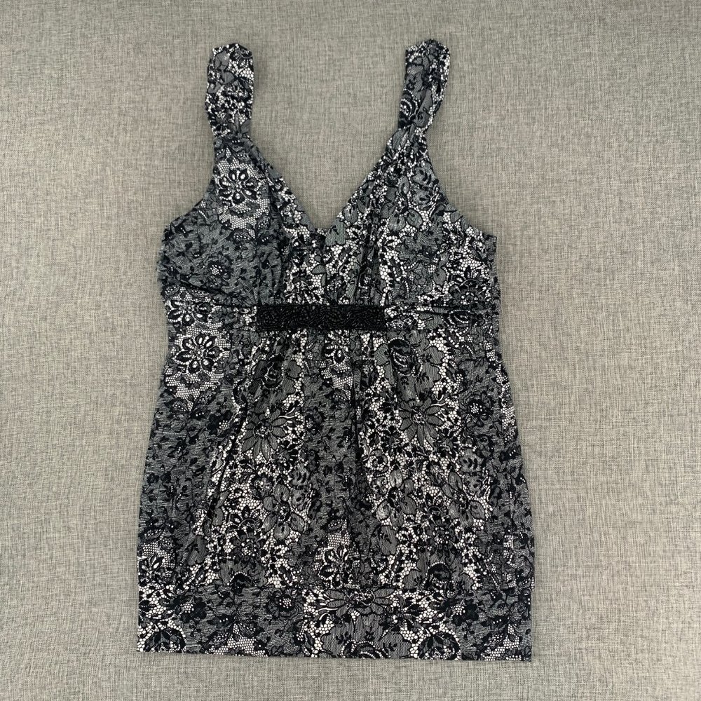 Speechless Babydoll Floral Lace Blouse Sleeveless Large Black & White‎ Beaded